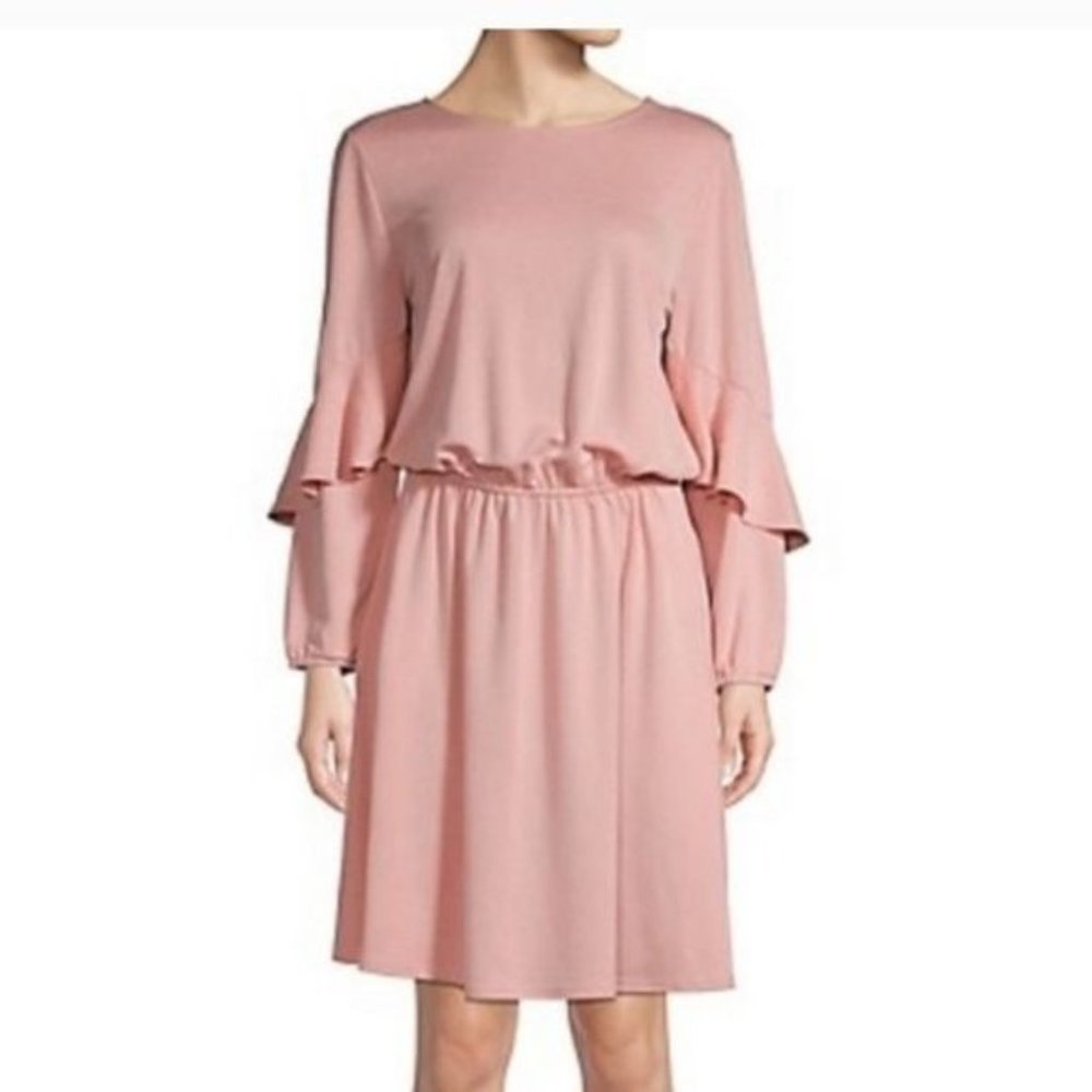 H by Halston Pink Quartz Knit Ruffle Trapunto Flounce Long Sleeve Midi Dress XS